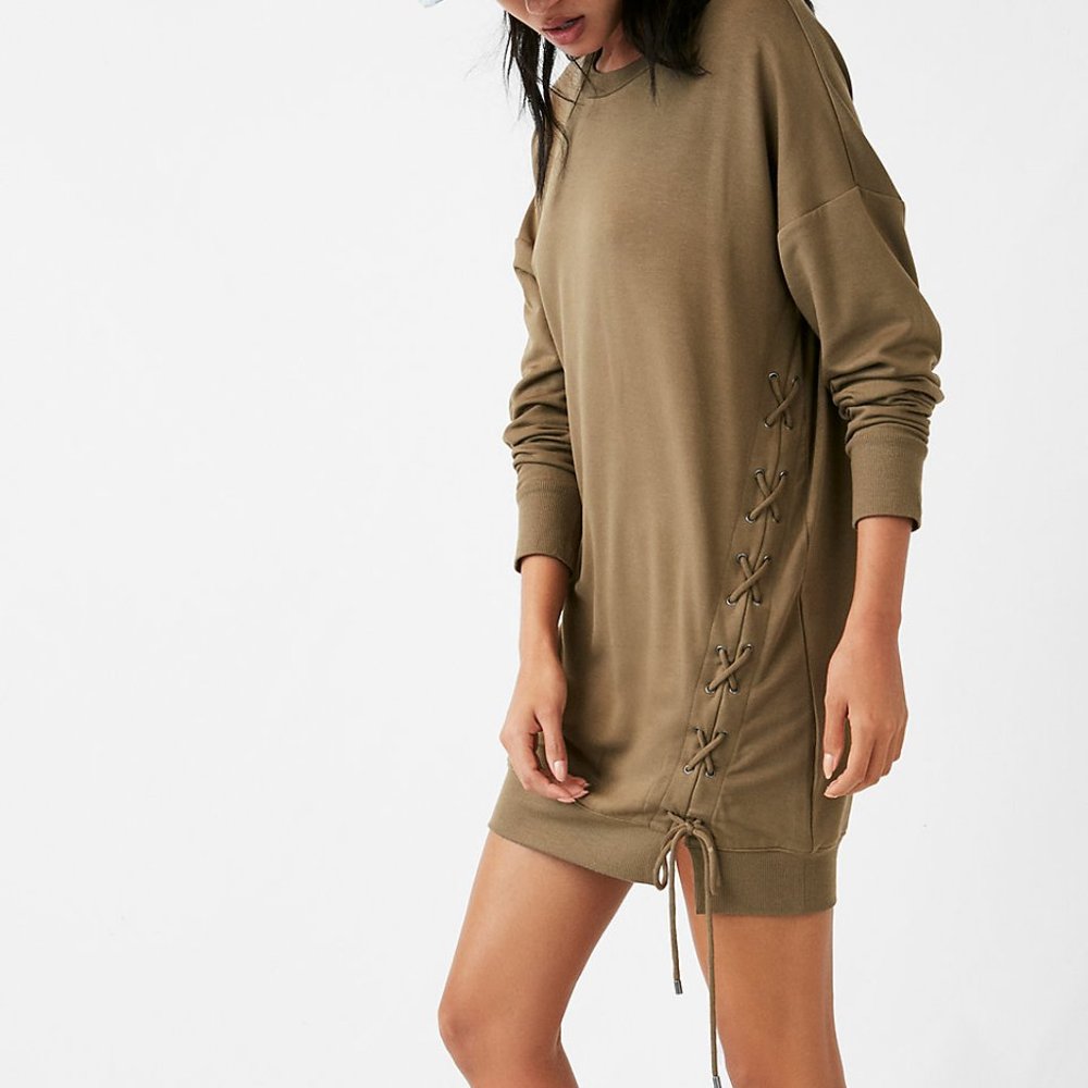 NWT Express one eleven lace-up sweatshirt dress Olive XS